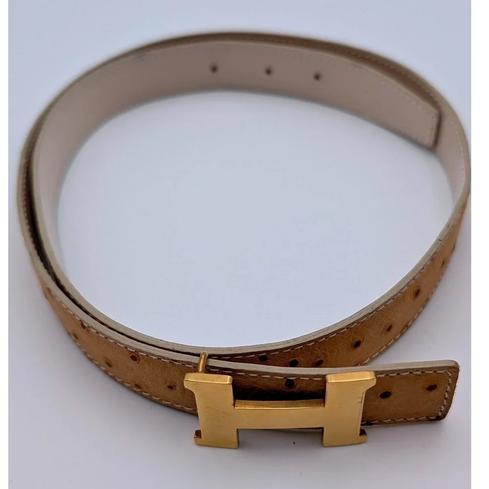 MaxTamara Ostrich Embossed Leather Belt Tan Gold H Buckle Made in Italy 37.5in